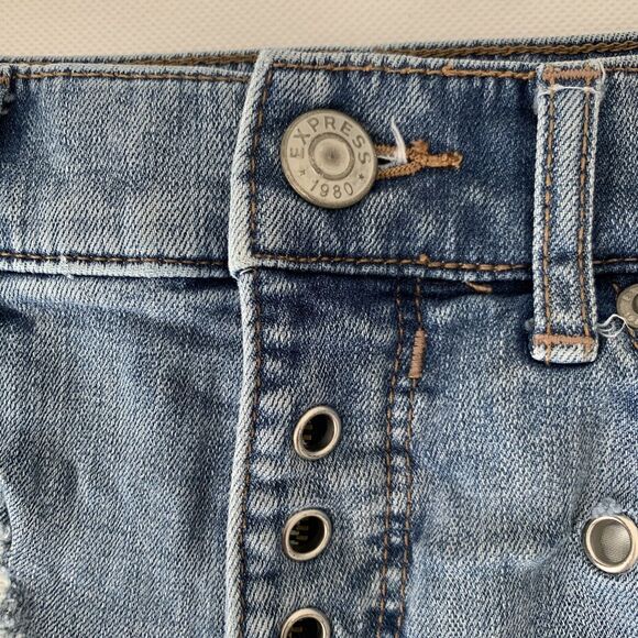 Express Denim Jean Shorts Womens 2 Shortie Vintage High Rise Distressed Metal - Picture 7 of 12